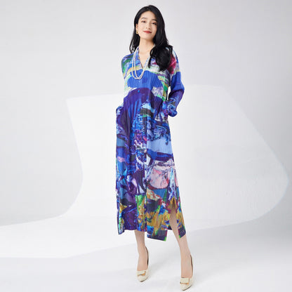 Spring women's printed single breasted slit dress
