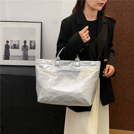 Vintage PVC tote with DuPont lettering. Simple, transparent, large - capacity handbag for commuting women.