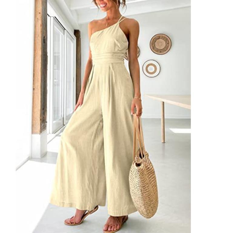 Women's camisole waist wide leg sleeveless cotton linen jumpsuit