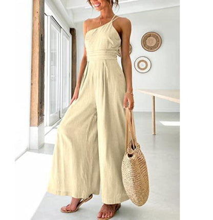 Women's camisole waist wide leg sleeveless cotton linen jumpsuit