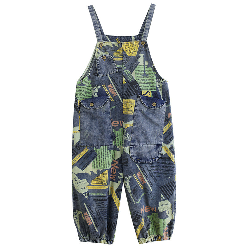 Artistic retro printed denim overalls fashionable for women