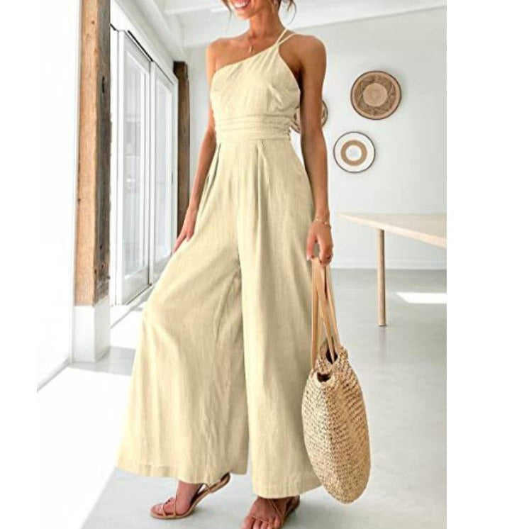 Women's camisole waist wide leg sleeveless cotton linen jumpsuit