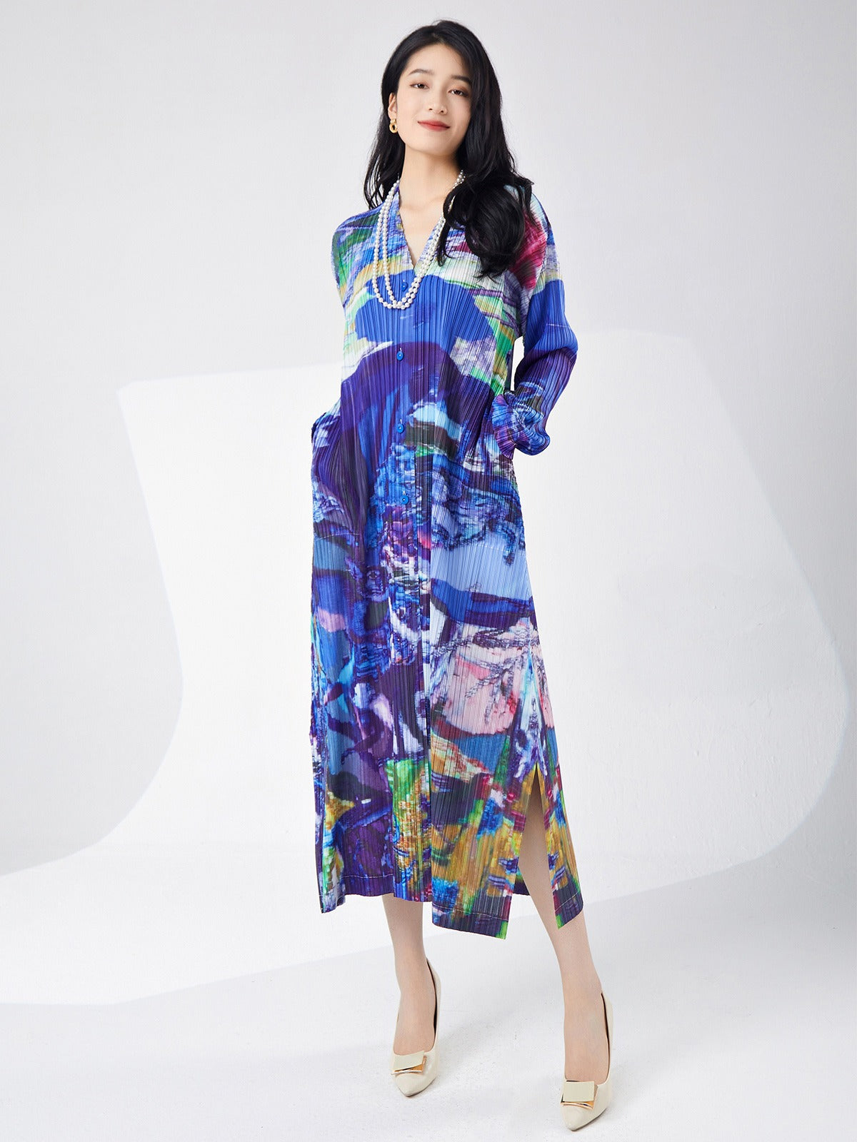 Spring women's printed single breasted slit dress