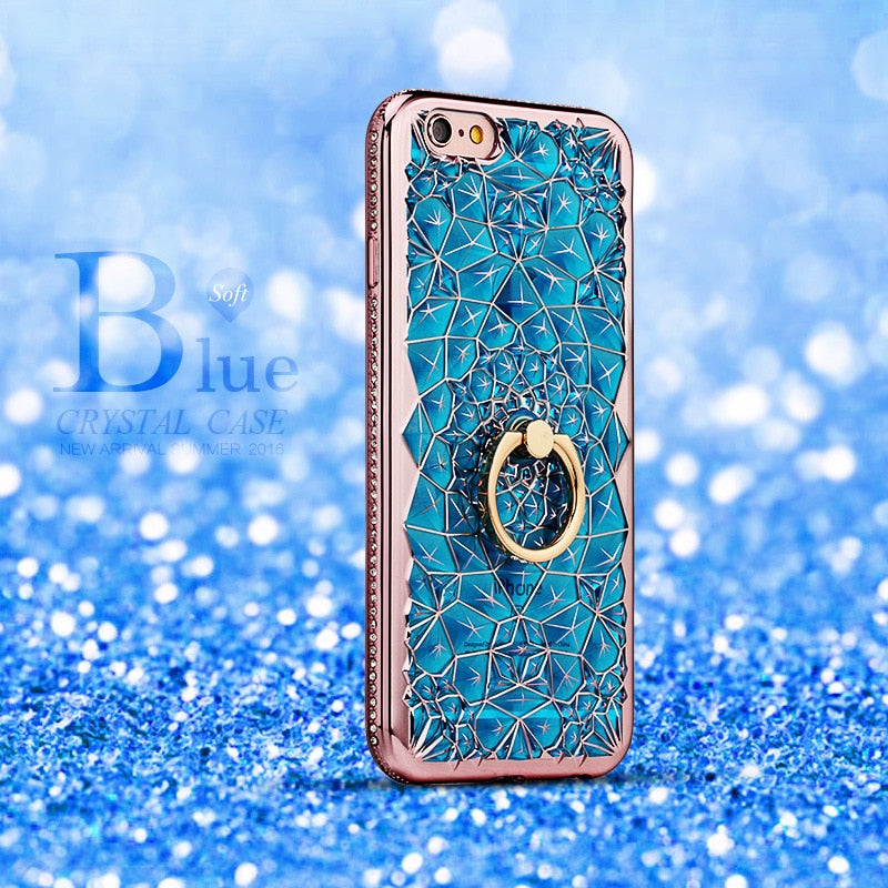 iPhone Case For X Xs Max XR Case Luxury 3D Soft Ring Capa for iPhone 5 5S SE 6 S 7 8 Plus Ring Silicon Glitter Rhinestone Stand Cover