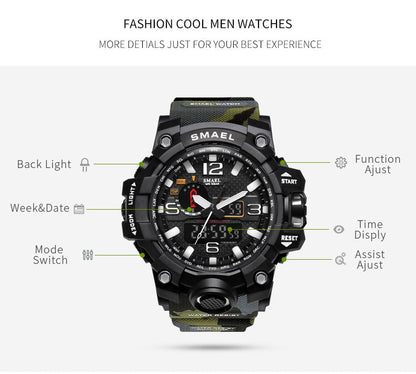 SMAEL Fashion Sport Watch Alarm Clock Camouflage Waterproof Week Display Men's Watches Digital Watch