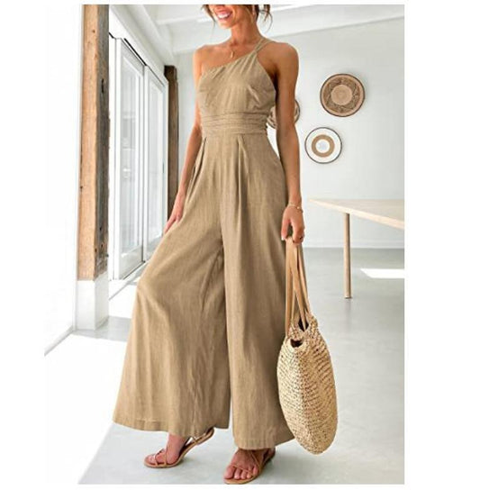 Women's camisole waist wide leg sleeveless cotton linen jumpsuit