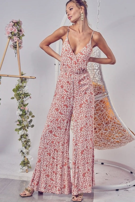 BiBi Floral Print Cirnkled Gauze Spaghetti Strap Jumpsuit
